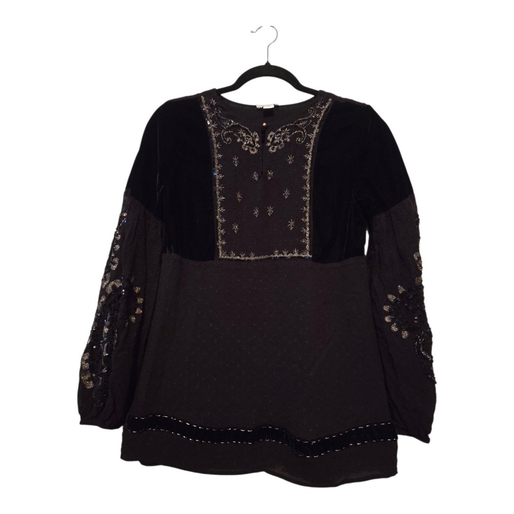 Sundance Princess Dreams Velvet Tunic Top Women XS Black Whimsigoth Boho Peasant